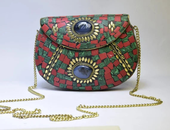 Authentic handbag, Tibetan Gemstone Mosaic Purse, Golden Clutch, Bohemian Boho Bags, Colorful Purse, | Etsy (US)
