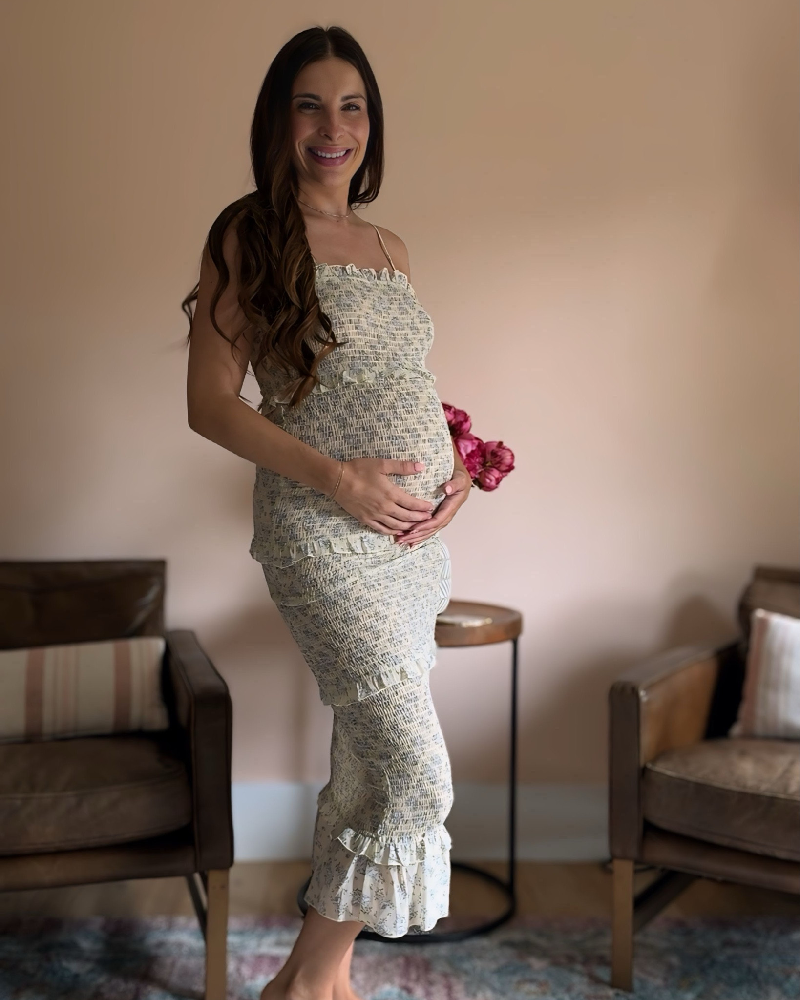 Pale yellow with lavender print smocked dress from pink blush maternity • can wear before + after pregnancy too!

36 weeks pregnant + wearing size small 

Wedding guest dress, maternity, bump friendly 

#LTKBump #LTKWedding