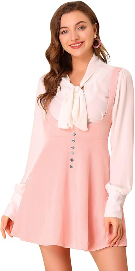 Allegra K Women's Christmas Overalls Pinafore Button Decor Mini Dress Suspenders Skirt | Amazon (US)