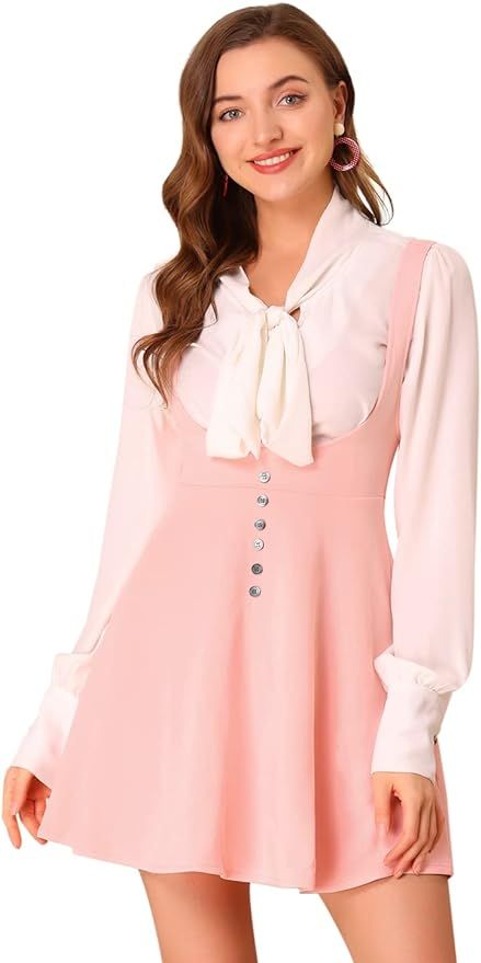 Allegra K Women's Christmas Overalls Pinafore Button Decor Mini Dress Suspenders Skirt | Amazon (US)