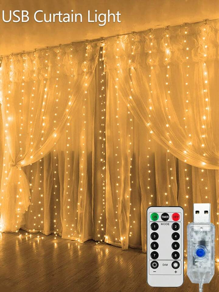 Led Garland Curtain Lights With 8 Modes, Usb Powered With Remote Control, Fairy Lights String Gre... | SHEIN