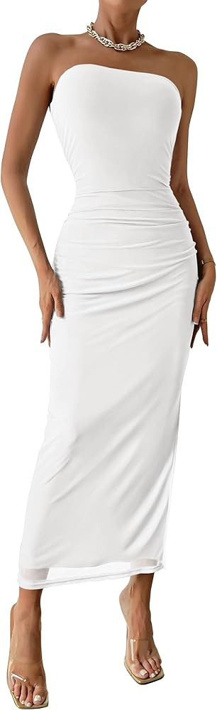 PRETTYGARDEN Women's Summer Wedding Guest Dress Strapless Tube Top Maxi Bodycon Long Floral Mesh ... | Amazon (US)