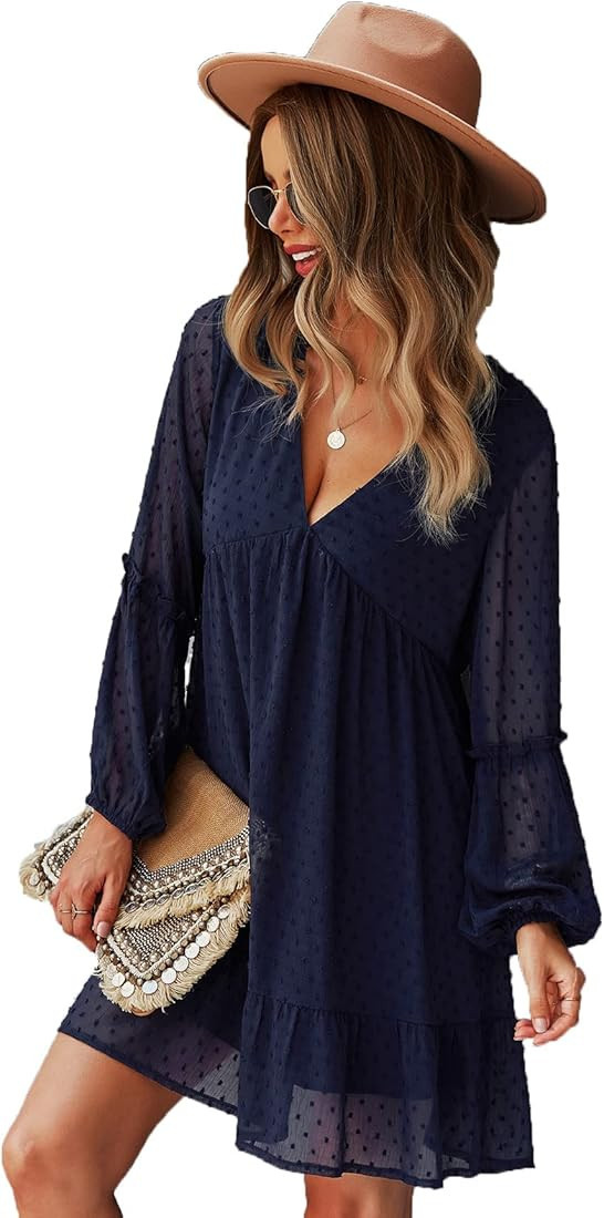 SheIn Women's Chiffon Long Sleeve V Neck Ruffle Hem High Waist Smock Boho Dress | Amazon (US)
