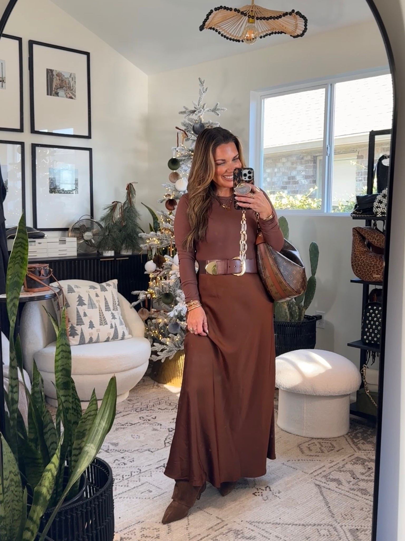 Elevated Thanksgiving outfits that you can put together with pieces you already own!!! Can never go wrong with a monochromatic outfit especially chocolate brown. 
Wearing size medium in satin skirt and size medium in my Pumiey top. 


#LTKFindsUnder50 #LTKOver40 #LTKPetite