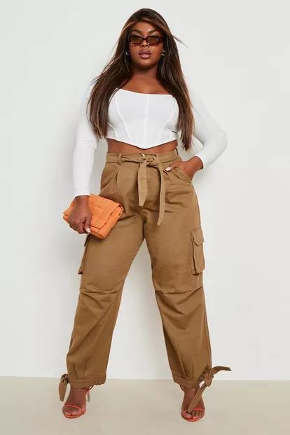 Plus Tie Hem Slim Fit Cargo Pants | Boohoo.com (US & CA)