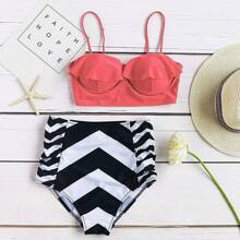 Chevron Print Ruffle Design High Waist Bikini Set | SHEIN