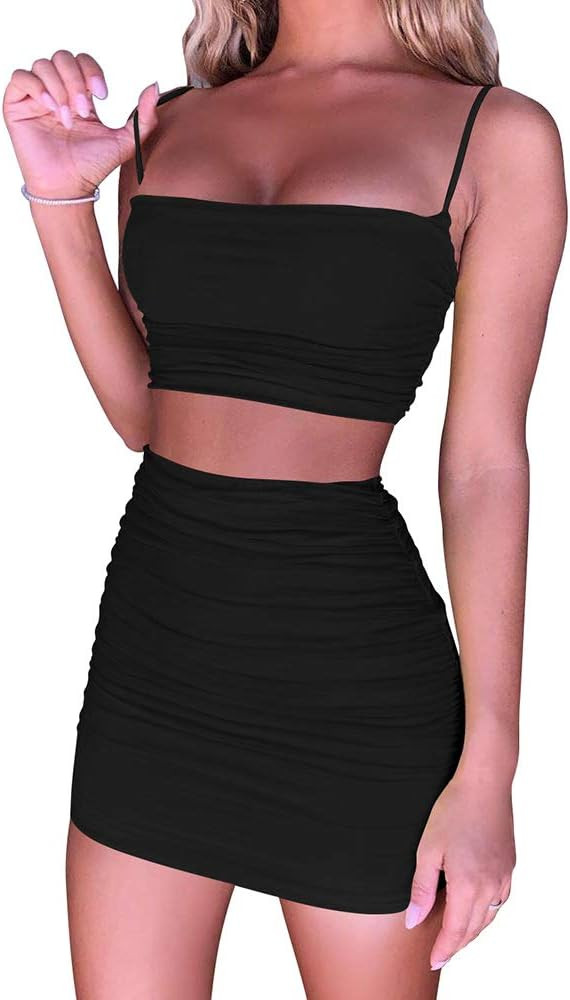 Women's Ruched Cami Crop Top Bodycon Skirt 2 Piece Outfits Dress | Amazon (US)