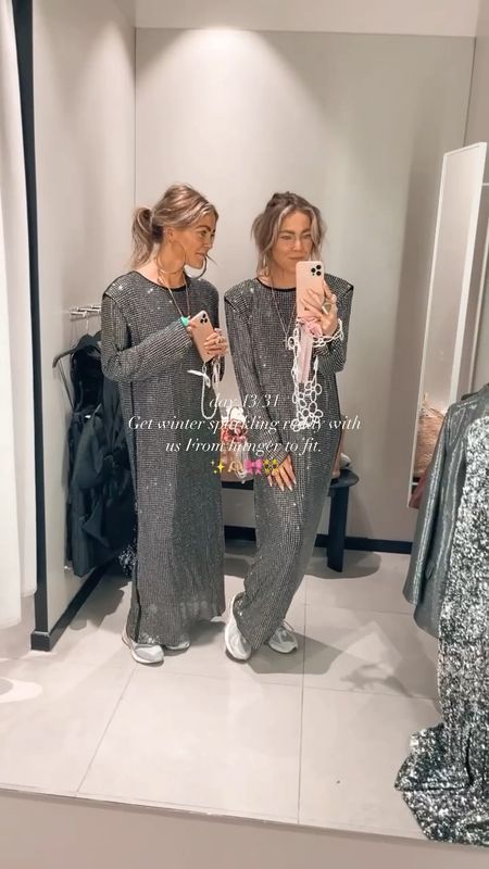 day 13/31 Get winter sparkling ready with us 👯‍♀️ From hanger to fit.✨🫶🏼🎀👯‍♀️ #LTKGift #getreadywithme #grwm #getreadywithus #bysiss 
.
This rhinestone dress is one of our faves of the holiday collection @hm wearing size L for the more loose style we love. Happy Wednesday besties xx
.
#partyideas #partycollection #sparkling #rhinestone #rhinestonedress #oversized #partydress #partydresses #hmcollection #hmxme #hmhaul #hmootd #viraldress #dresses #holidaywear #holidayseason #christmasoutfit #newyear2023  

#LTKGiftGuide #LTKHoliday #LTKstyletip