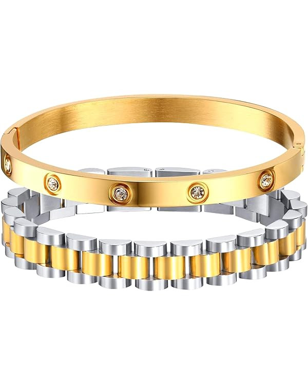 MPRAINBOW 2pcs Gold Chain Link Bracelet, Stainless Steel Crystal Friendship Bracelets Bangle,Watc... | Amazon (US)