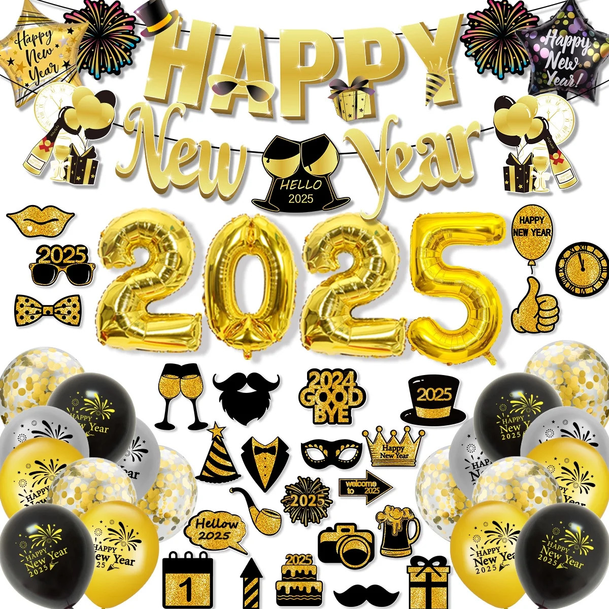 2025 Happy New Year Decorations Black Gold New Year Balloons Happy New Year Banner Photo Booth Pr... | Walmart (US)