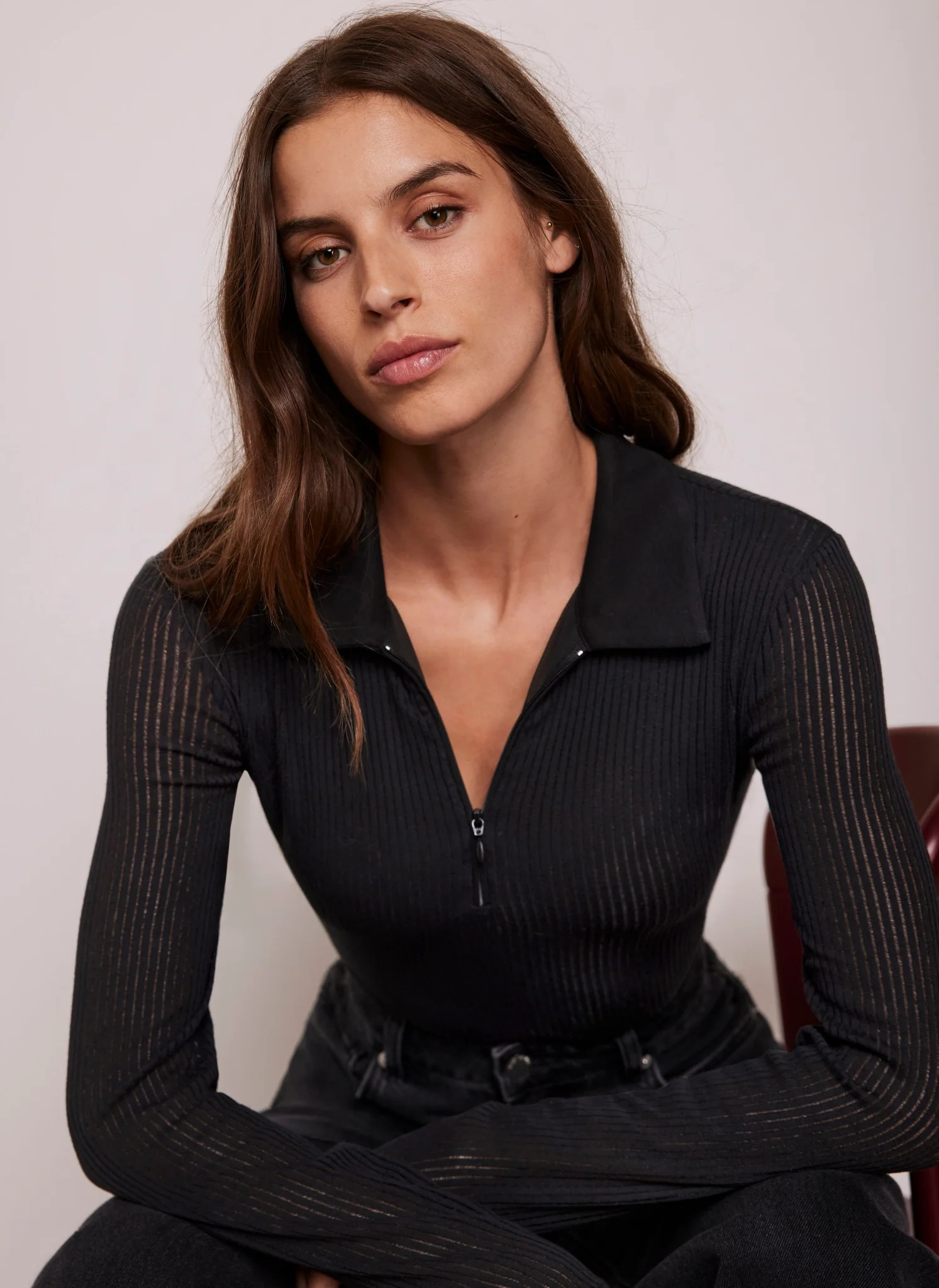 Black Sheer Rib Polo Shirt | Mint Velvet (US)