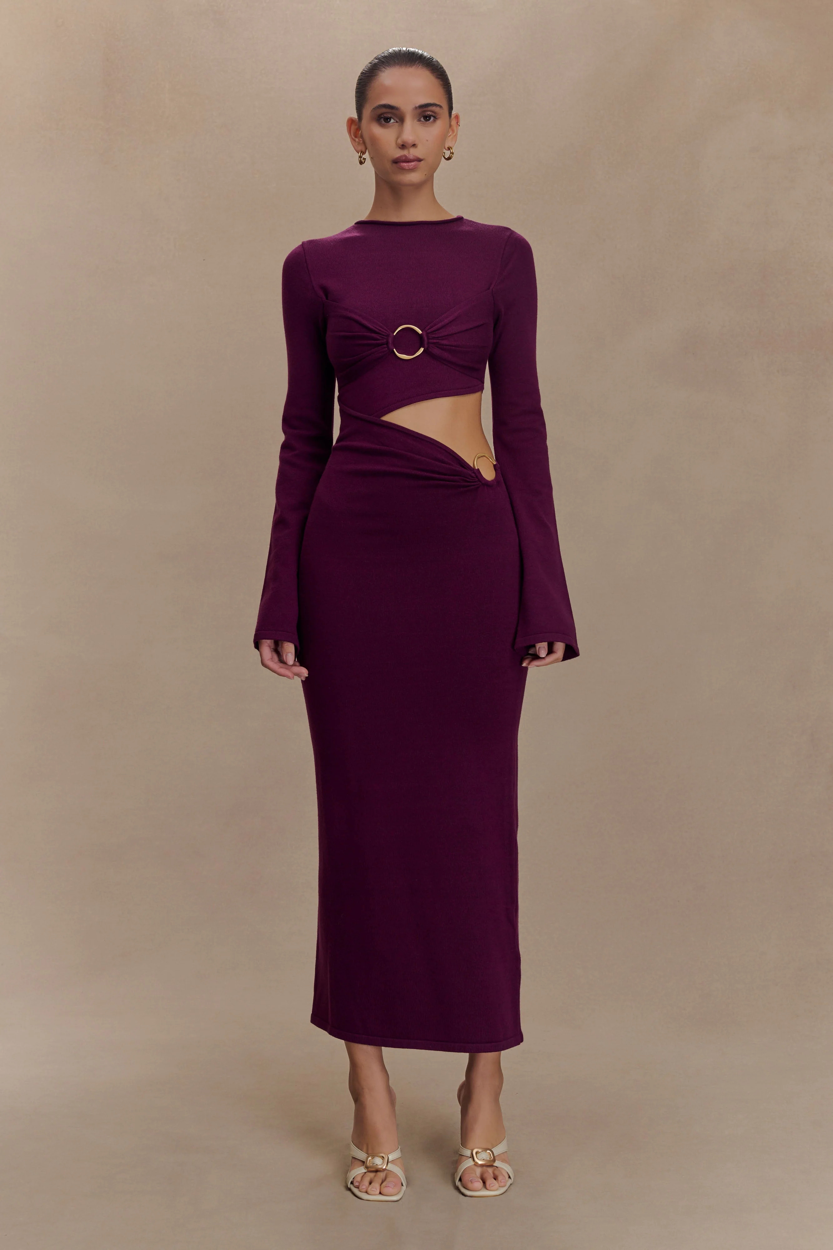 Azariah Long Sleeve Knit Midi Dress - Plum | MESHKI US