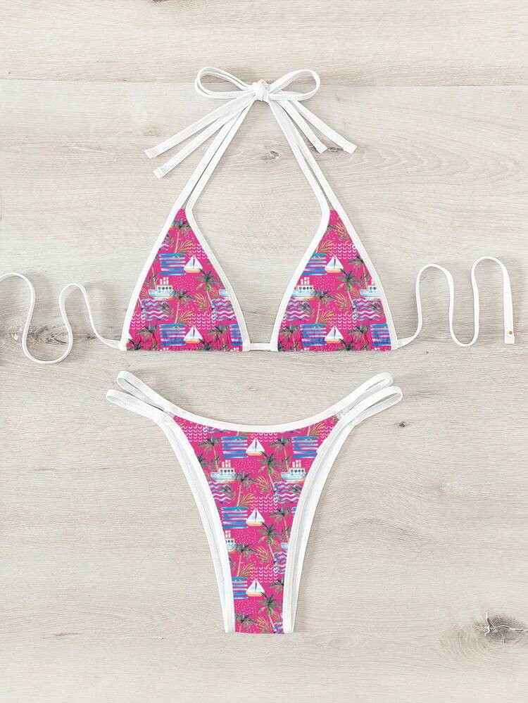 Cartoon Graphic Contrast Binding Halter Triangle Bikini Swimsuit | SHEIN