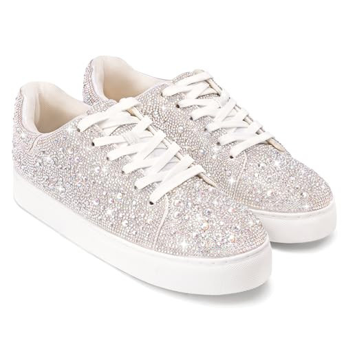 Qinpos Rhinestone Sneakers for Women Sparkle Tennis Shoes Glitter Bling Sparkly Sneakers Platform White Fashion Bedazzled Shoe Sequin Tennis Shoes for Wedding Party Bride Dress 6M | Amazon (US)