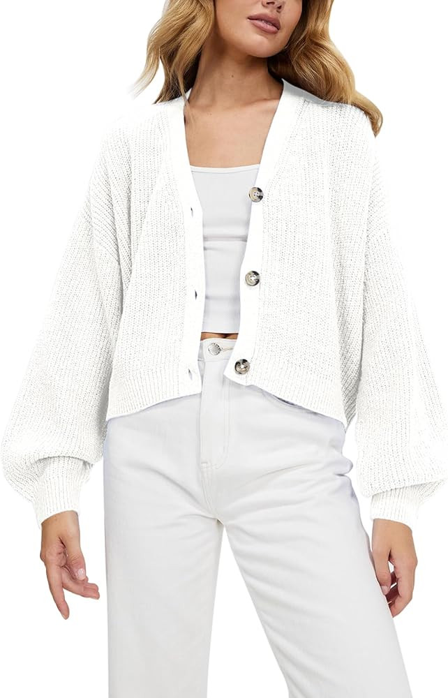 Pink Queen Women's 2023 Fall Button Down V Neck Batwing Long Sleeve Ribbed Knit Cropped Cardigan ... | Amazon (US)