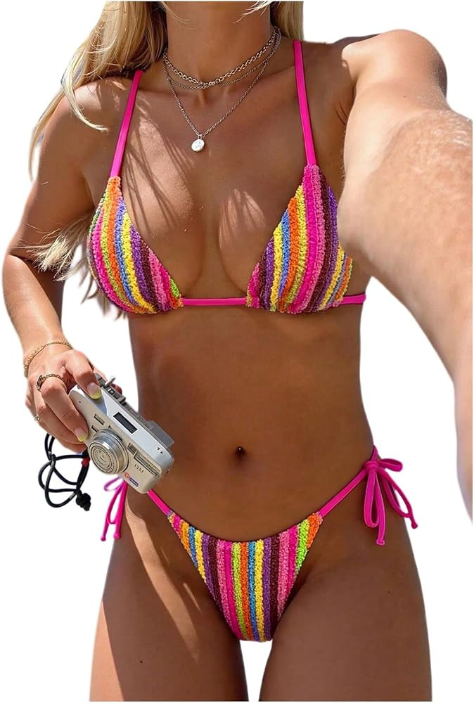 GORGLITTER Women's Striped Crochet Bikini Set Boho Knitted Halter Triangle Sexy Thong Bathing Sui... | Amazon (US)