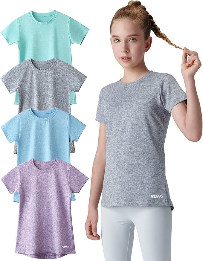 4 Pack: Youth Girls Athletic Shirts, Short Sleeve Dry Fit Apparel Tech Tshirts, Sports Activewear... | Amazon (US)