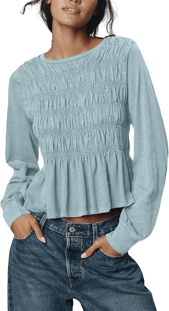 OPCAKM Long Sleeve Shirts for Women Peplum Smocked Babydoll Tops Going Out Ruffle Slim Blouses Ba... | Amazon (US)