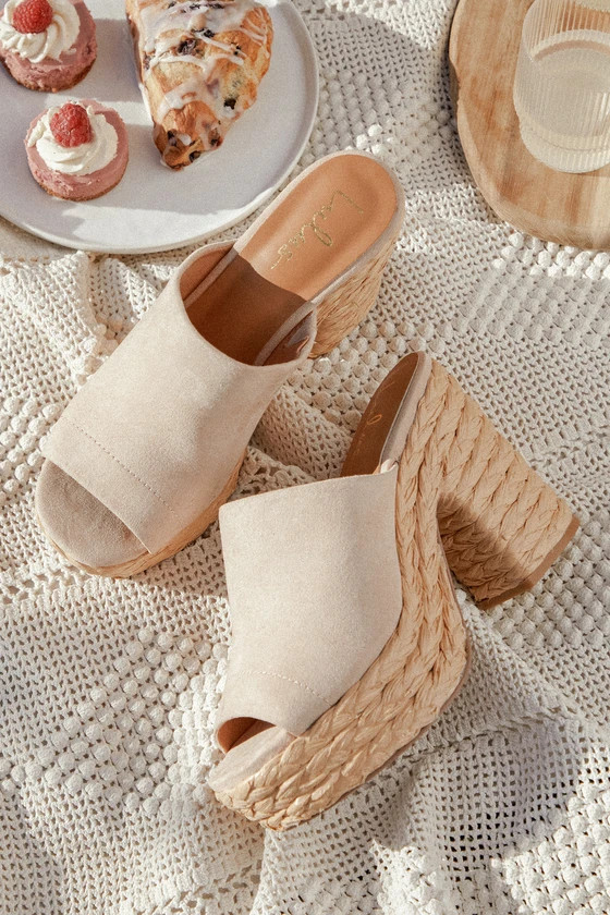 Ervyn Light Nude Suede Raffia Platform Slide Sandals | Lulus