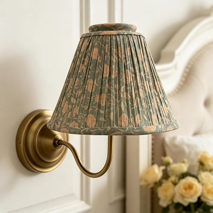 Mid-Century Modern Wall Sconce - Aged Brass Hardwired with Floral Fransen Linen Shade, 12.2” Te... | Amazon (US)