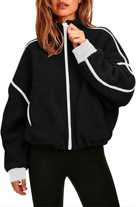 QINSEN Women Fleece Jacket Cropped Full-Zip Up Sherpa Jackets Warm Stand Collar Outerwear with Po... | Amazon (US)