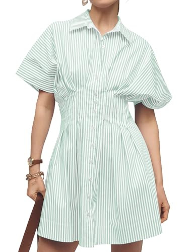Women’s Button Front Down Pleated Shirt Dress Summer Casual Striped Short Sleeve Blouse Mini Dr... | Amazon (US)