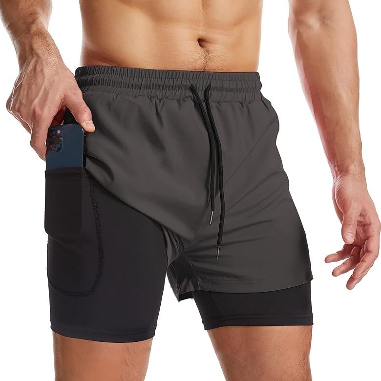 Surenow Mens 2 in 1 Running Shorts Quick Dry Athletic Shorts with Liner, Workout Shorts with Zip ... | Amazon (US)