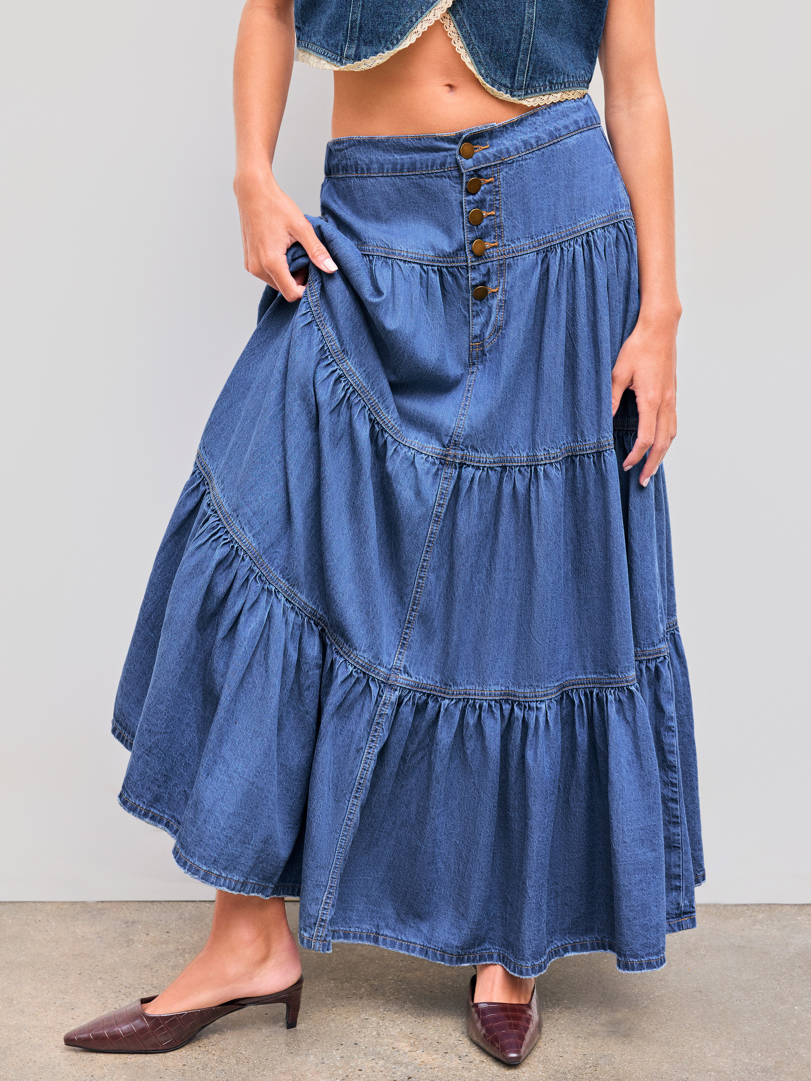 Denim Denim High Rise Solid Tiered Button Pocket Maxi Skirt For Daily Casual | Cider