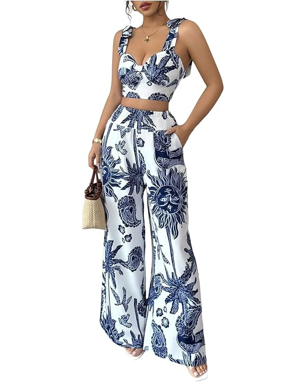 SweatyRocks Women's 2 Piece Boho Vacation Outfit Graphic Tie Shoulder Crop Top and Wide Leg Pants... | Amazon (US)