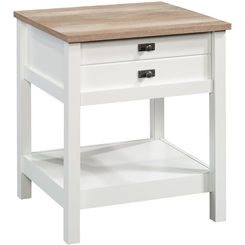 Sauder Cottage Road 1 Drawer Nightstand in Soft White and Lintel Oak | Cymax Stores