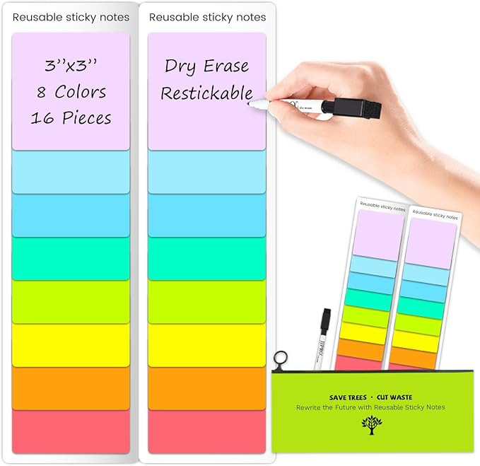 Dry Erase Sticky Notes - Reusable Whiteboard Stickers 8 Colors 3"x3"-16 Pack. Suitable for All Sm... | Amazon (US)