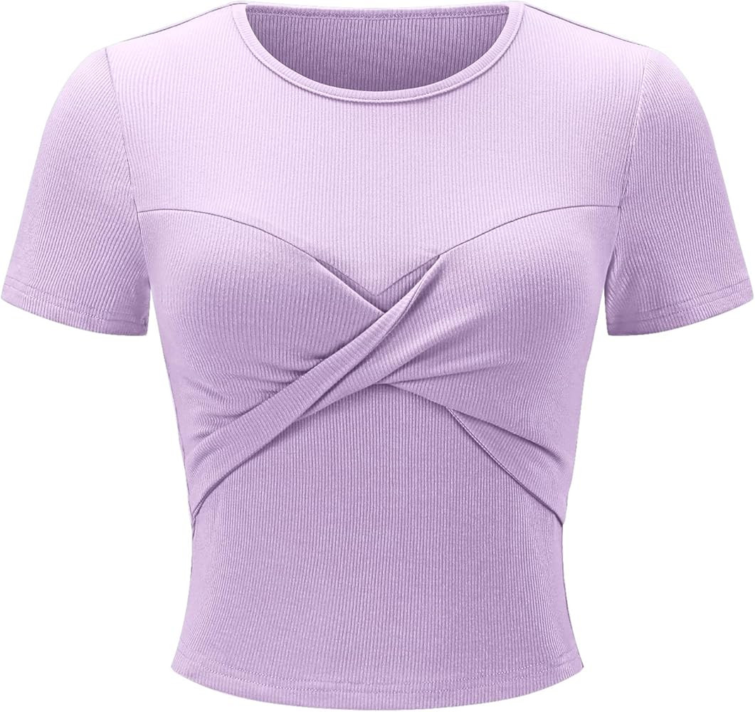 Ivicoer Women Short Sleeve Crewneck Twist Knot Front Crop Top Basic Ribbed Knit Shirt Fashion Tre... | Amazon (US)