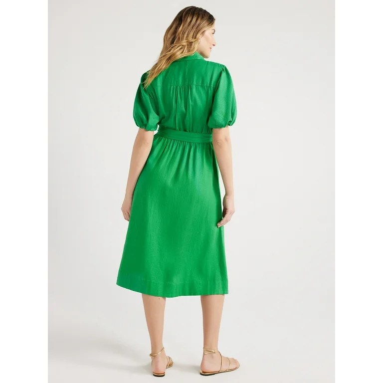 Free Assembly Women’s Midi Shirtdress with Puff Sleeves, Sizes XS-XXL | Walmart (US)