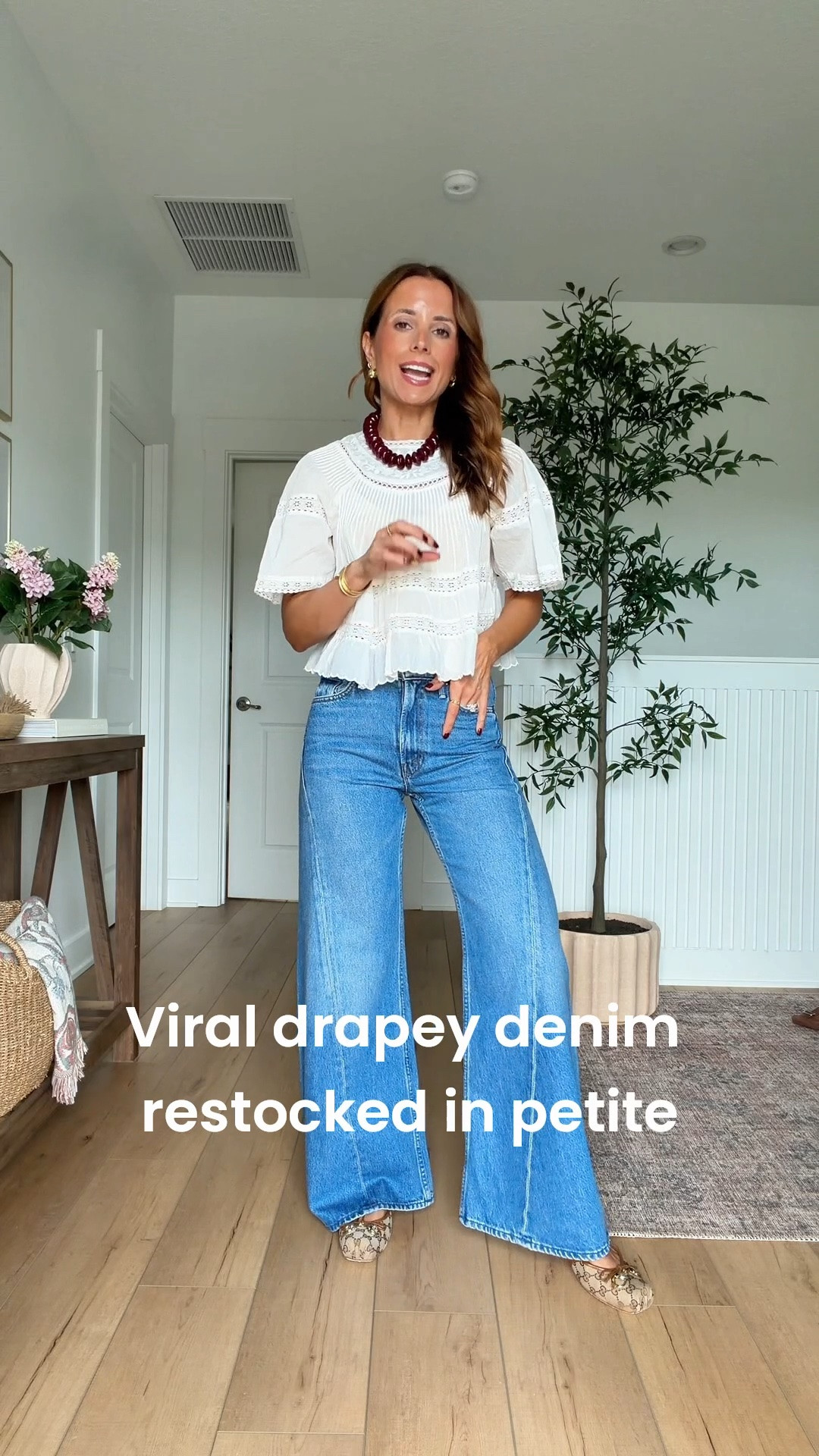 Expensive stuff that’s 1000% worth it! Mother Lil Lemon Twist Sneak High Waist Wide Leg Jeans in 24 petite - linking regular at bottom. Anthropologie top in XXS. Fall outfit. Fall style. Elevated casual outfit. Everyday outfit. Mom outfit. Gucci ballet flats are TTS.
