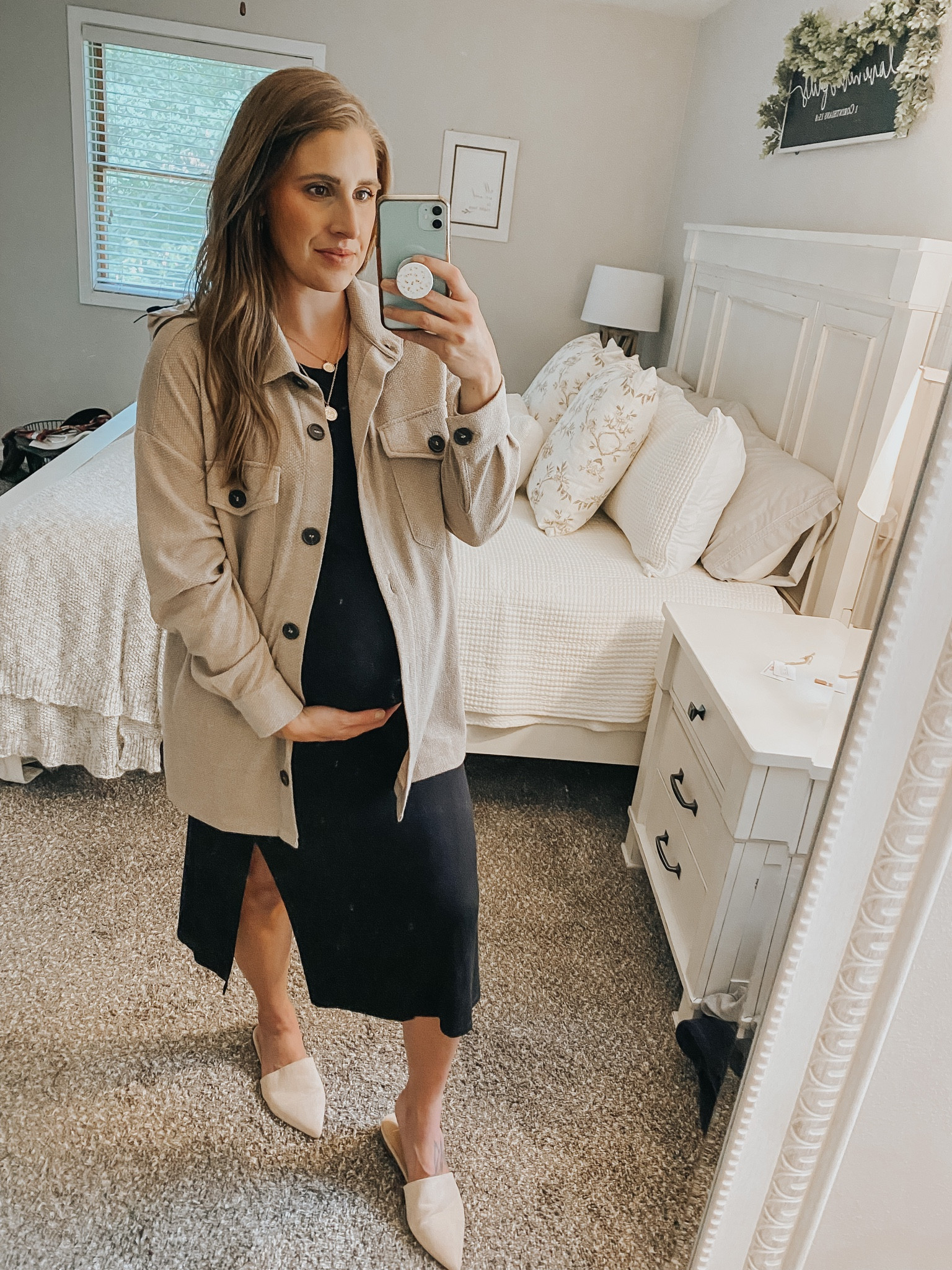 Fall outfit. Maternity. Bump friendly. Cropped sweater. Mock neck sweater. Midi dress. Black dress. Black midi dress. Mules. Fedora. Hat. Pregnancy friendly. 

#LTKSale #LTKSeasonal #LTKbump
