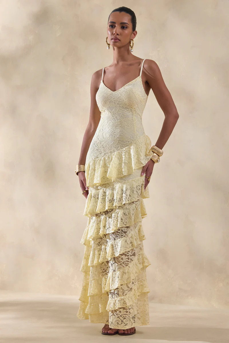 Avelisse  Lemon Lace Plunge-Neck Maxi Dress With Ruffled Detailing | Club L London