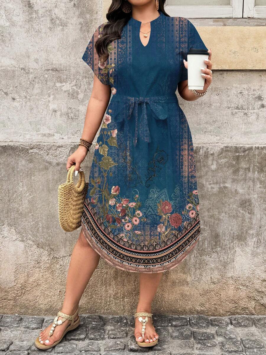EMERY ROSE Plus Size Casual Floral Print Notched Neck Asymmetric Hem Dress, Suitable For Summer | SHEIN