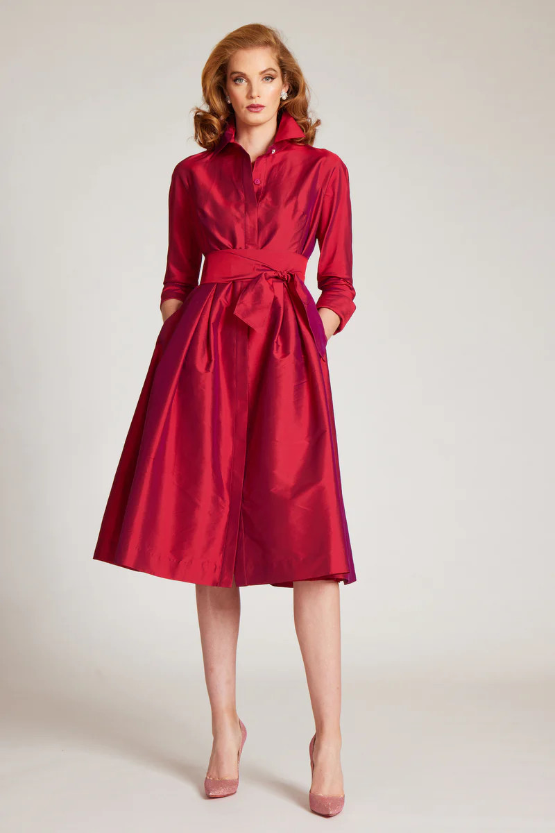 3/4 Sleeve Belted Taffeta Shirt Dress | TERIJON