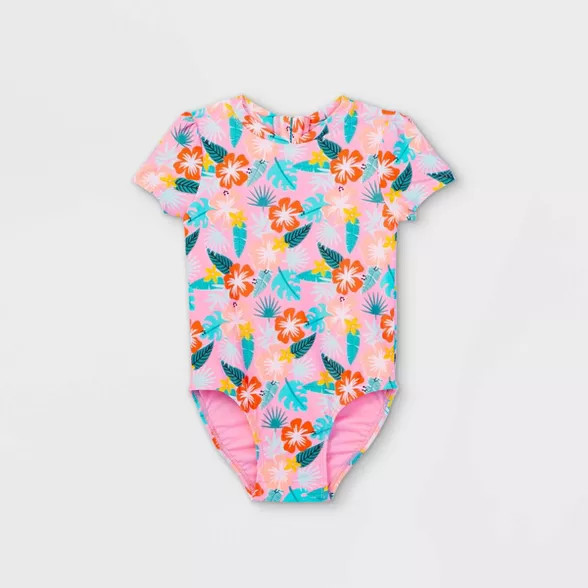 Toddler Girls' Floral Front Zip-Up Short Sleeve One Piece Swimsuit - Cat & Jack™ Pink | Target