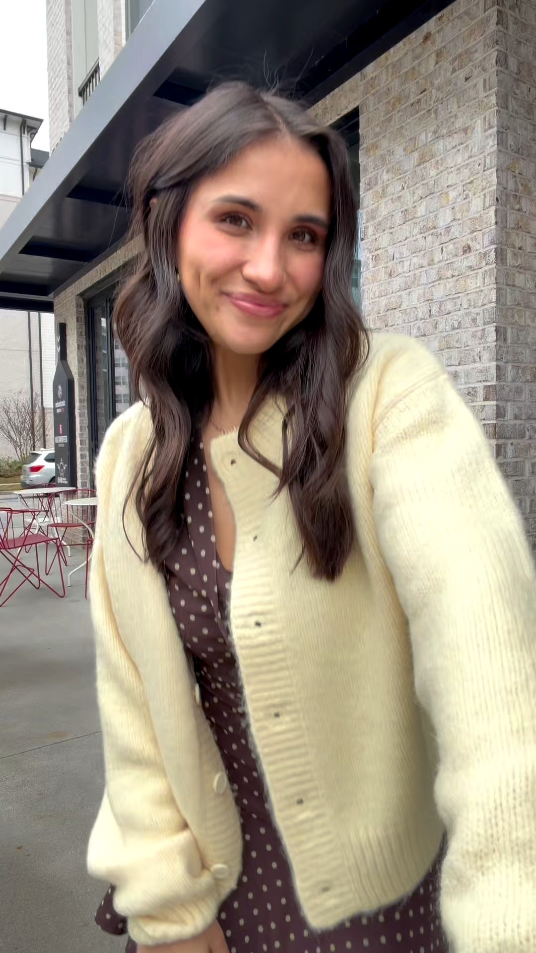 Fall outfit brown boots polka dot dress 