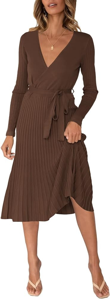 VamJump Womens Wrap V Neck Sweater Dress Long Sleeve Pleated Midi Dresses with Belt | Amazon (US)