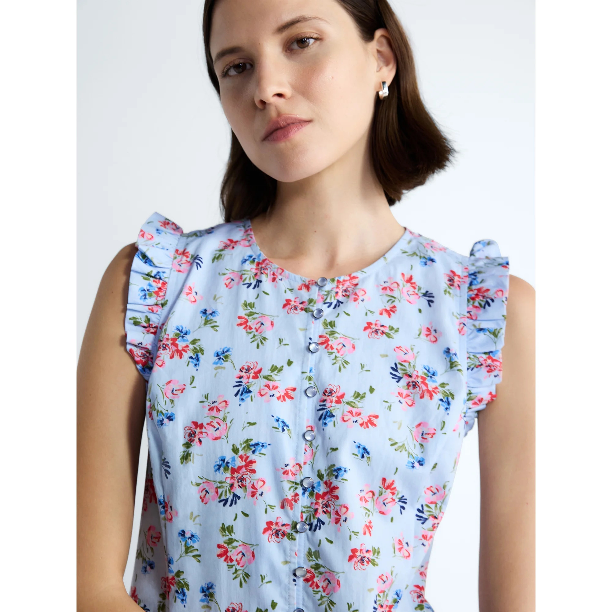 Free Assembly Women's Button Front Cotton Mini Dress with Flutter Sleeves, Sizes XS-XXL | Walmart (US)