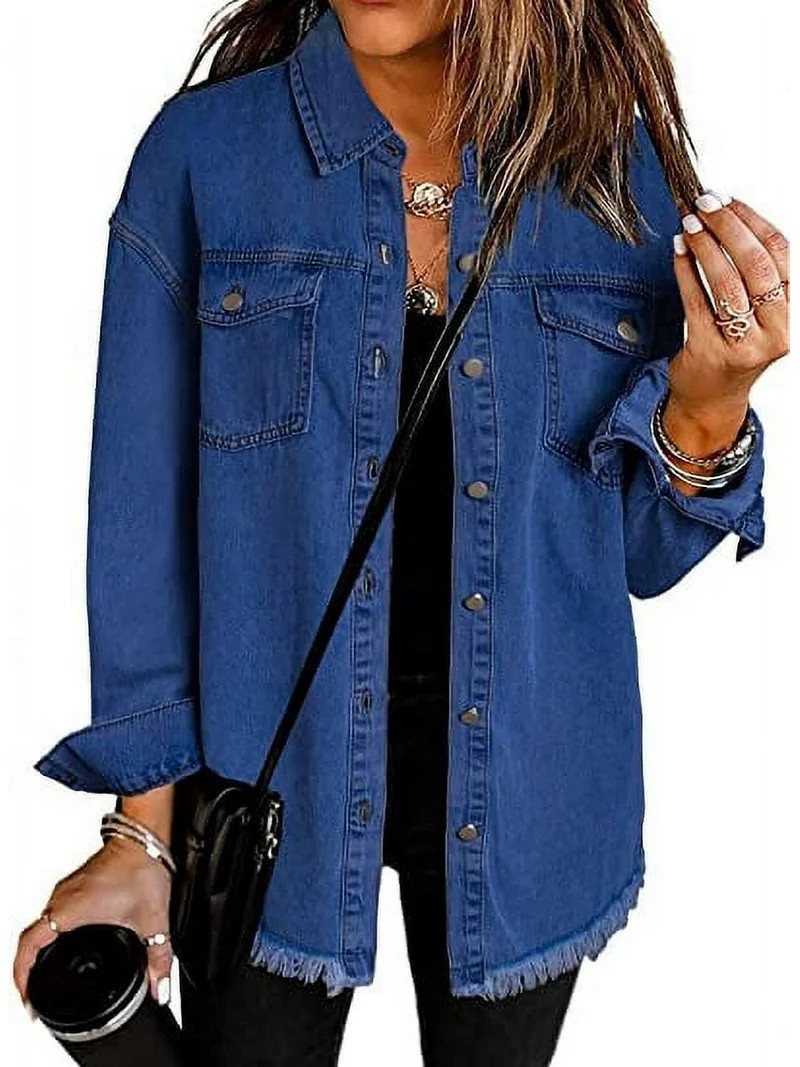 Eytino Women's Boyfriend Denim Jackets Long Sleeve Loose Jean Coats Blue L Female | Walmart (US)