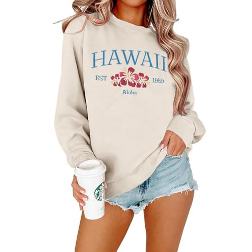 MOUSYA Hawaii Embroidered Sweatshirt Hawaii Aloha State Shirt Vintage 1959 Embroidered Long Sleeve Pullover Top Apricot | Amazon (US)