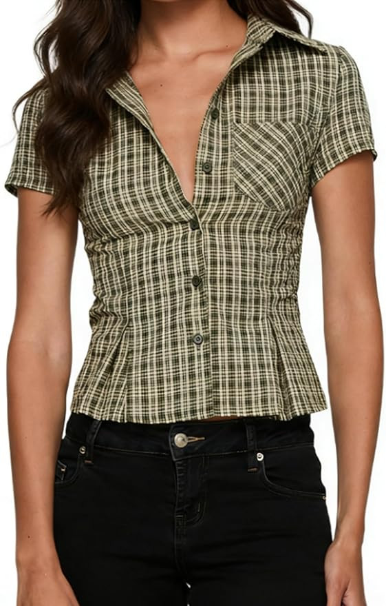 Women's Plaid Button Down Shirts Y2k Summer Basic Ruffle Blouse Casual Lapel Collar Short Sleeve ... | Amazon (US)