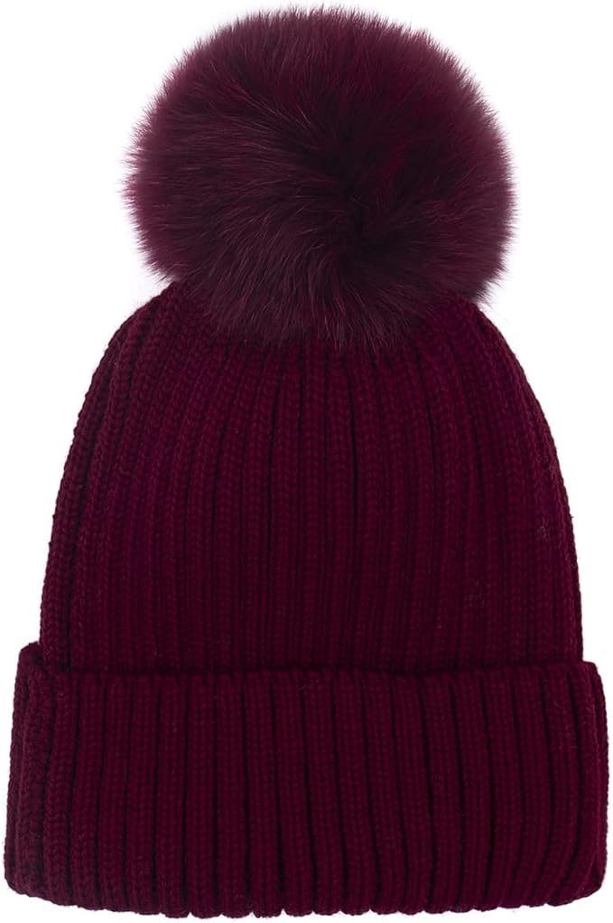Fox Pom Knit Hat - Removable Pom Pom Fur Ski Style Hat - Warm Winter Fashion | Amazon (US)
