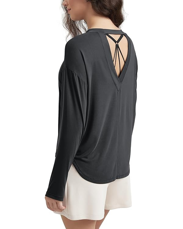 ODODOS Women's Peach-Soft Hollow-Back Long Sleeve Shirt with Thumb Holes, Yoga & Lounge Top | Amazon (US)