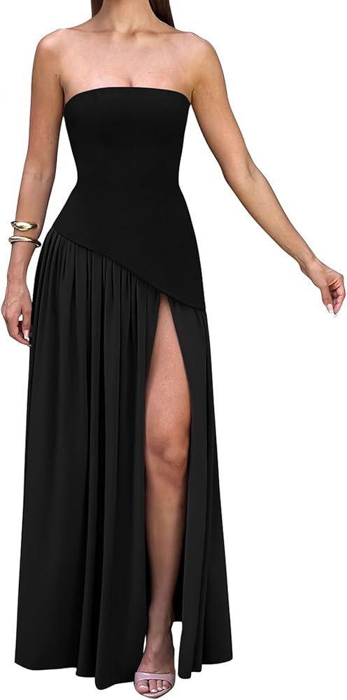 Memoriesea Women's Elegant Strapless High Split A Line Flowy Party Cocktail Maxi Dress | Amazon (US)