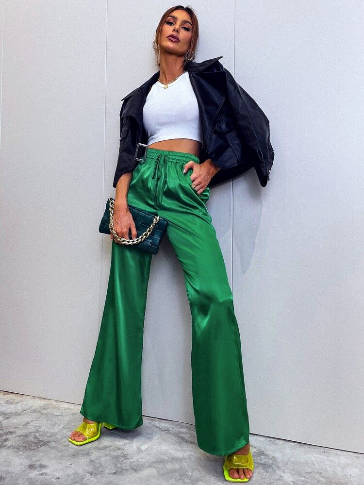 Drawstring Waist Satin Wide Leg Pants | SHEIN