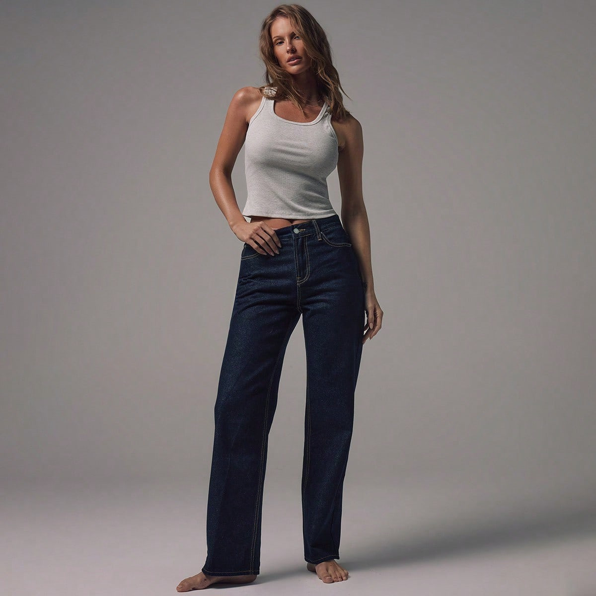 MUSERA Mid Waist Straight Leg Fit Dark Blue Wash High Rise Denim Jeans Mid Rise Casual Winter Night Out Back To School Office Work Date Night Core Denim Chic Spring Summer | SHEIN